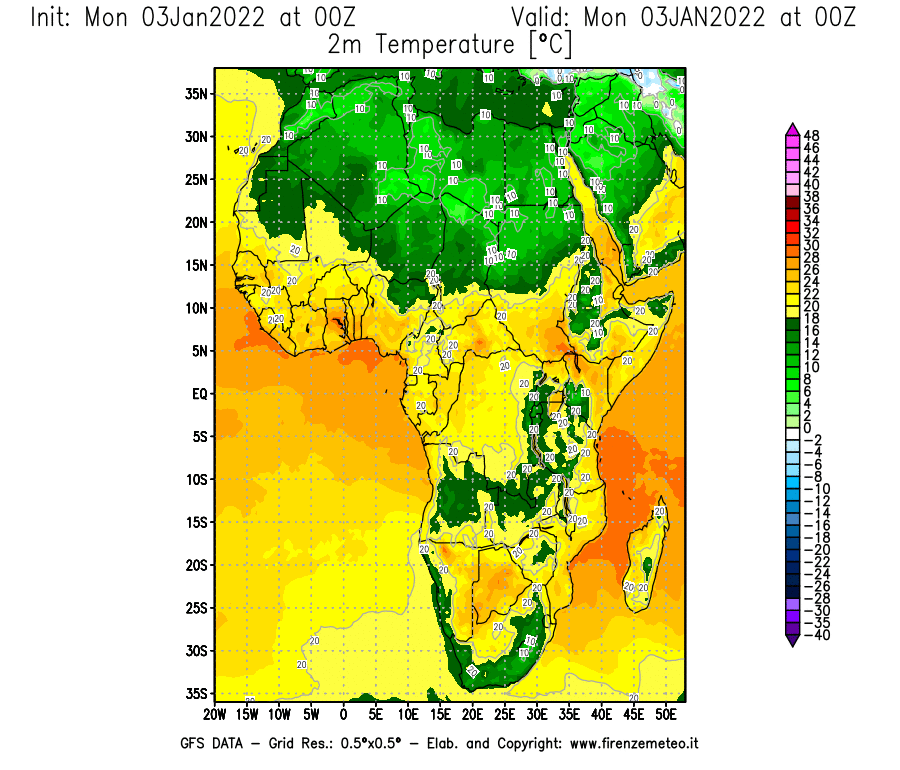 Mappa di analisi GFS - Temperatura a 2 metri dal suolo [°C] in Africa
							del 03/01/2022 00 <!--googleoff: index-->UTC<!--googleon: index-->
