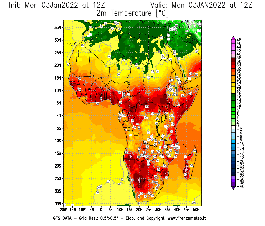Mappa di analisi GFS - Temperatura a 2 metri dal suolo [°C] in Africa
							del 03/01/2022 12 <!--googleoff: index-->UTC<!--googleon: index-->