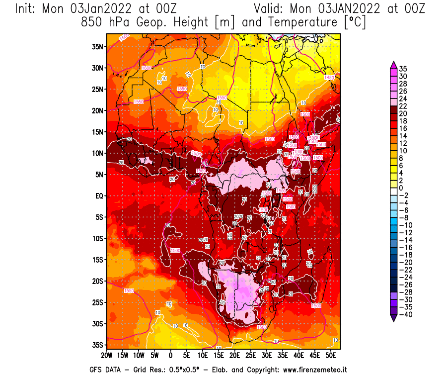 Mappa di analisi GFS - Geopotenziale [m] e Temperatura [°C] a 850 hPa in Africa
							del 03/01/2022 00 <!--googleoff: index-->UTC<!--googleon: index-->