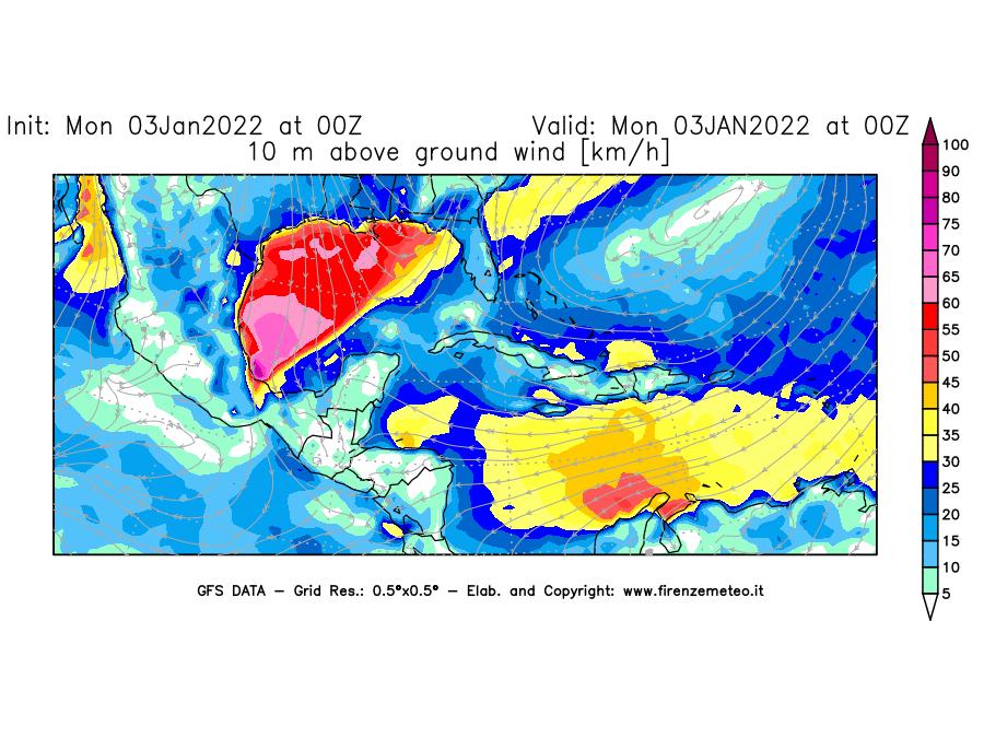Mappa di analisi GFS - Velocità del vento a 10 metri dal suolo [km/h] in Centro-America
							del 03/01/2022 00 <!--googleoff: index-->UTC<!--googleon: index-->