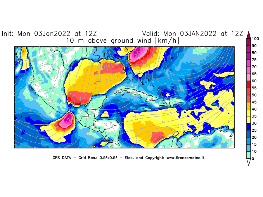 Mappa di analisi GFS - Velocità del vento a 10 metri dal suolo [km/h] in Centro-America
							del 03/01/2022 12 <!--googleoff: index-->UTC<!--googleon: index-->