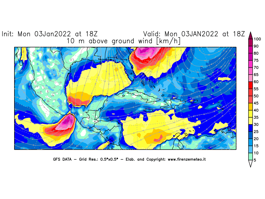Mappa di analisi GFS - Velocità del vento a 10 metri dal suolo [km/h] in Centro-America
							del 03/01/2022 18 <!--googleoff: index-->UTC<!--googleon: index-->