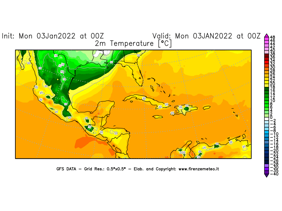 Mappa di analisi GFS - Temperatura a 2 metri dal suolo [°C] in Centro-America
							del 03/01/2022 00 <!--googleoff: index-->UTC<!--googleon: index-->
