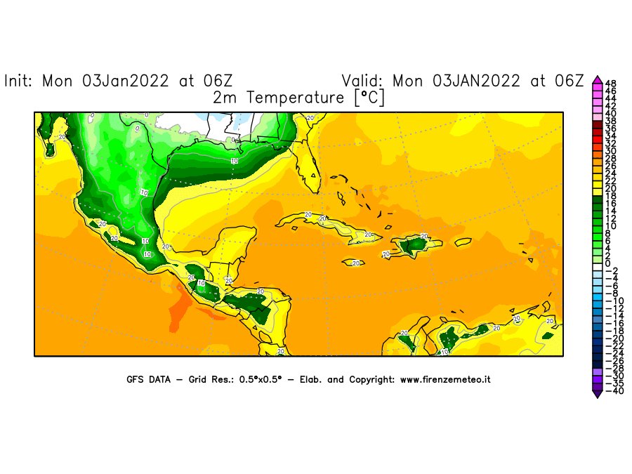 Mappa di analisi GFS - Temperatura a 2 metri dal suolo [°C] in Centro-America
							del 03/01/2022 06 <!--googleoff: index-->UTC<!--googleon: index-->