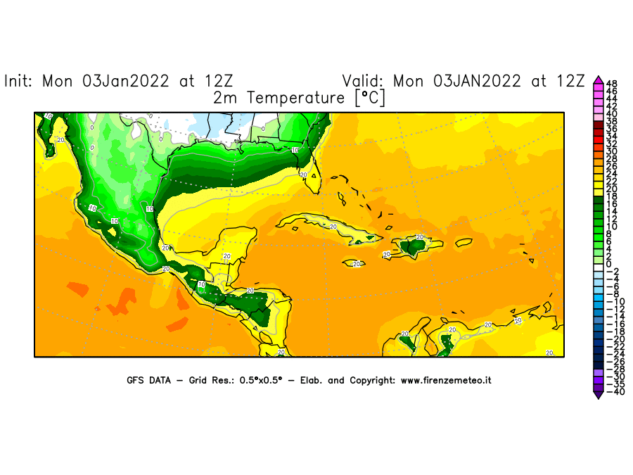Mappa di analisi GFS - Temperatura a 2 metri dal suolo [°C] in Centro-America
							del 03/01/2022 12 <!--googleoff: index-->UTC<!--googleon: index-->