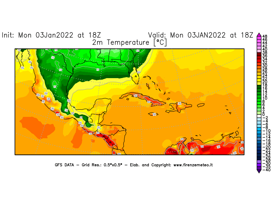 Mappa di analisi GFS - Temperatura a 2 metri dal suolo [°C] in Centro-America
							del 03/01/2022 18 <!--googleoff: index-->UTC<!--googleon: index-->