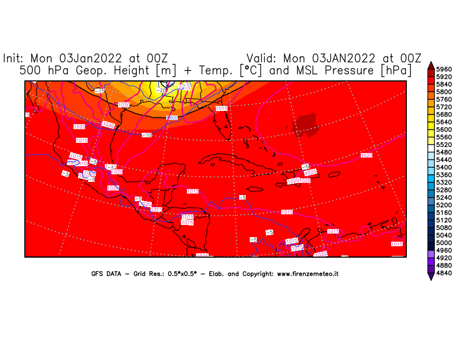 Mappa di analisi GFS - Geopotenziale [m] + Temp. [°C] a 500 hPa + Press. a livello del mare [hPa] in Centro-America
							del 03/01/2022 00 <!--googleoff: index-->UTC<!--googleon: index-->