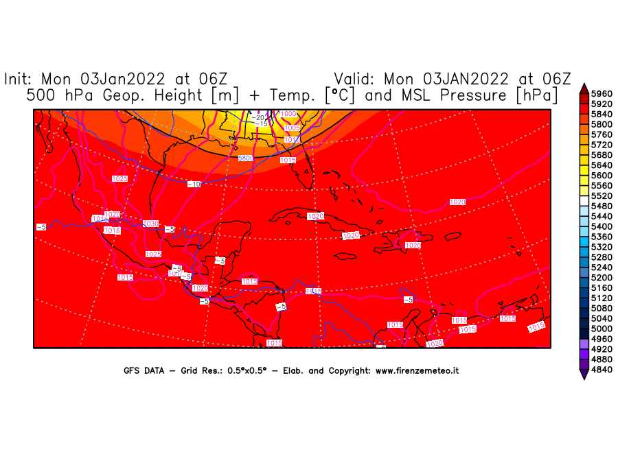 Mappa di analisi GFS - Geopotenziale [m] + Temp. [°C] a 500 hPa + Press. a livello del mare [hPa] in Centro-America
							del 03/01/2022 06 <!--googleoff: index-->UTC<!--googleon: index-->