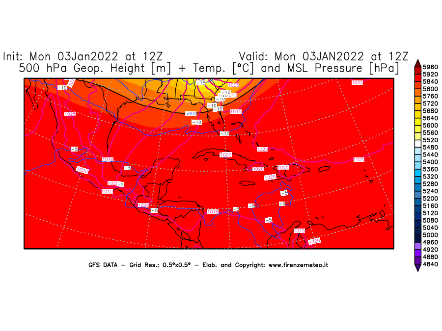 Mappa di analisi GFS - Geopotenziale [m] + Temp. [°C] a 500 hPa + Press. a livello del mare [hPa] in Centro-America
							del 03/01/2022 12 <!--googleoff: index-->UTC<!--googleon: index-->