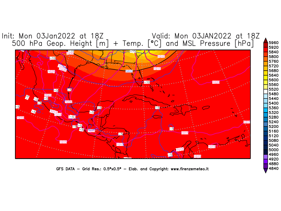 Mappa di analisi GFS - Geopotenziale [m] + Temp. [°C] a 500 hPa + Press. a livello del mare [hPa] in Centro-America
							del 03/01/2022 18 <!--googleoff: index-->UTC<!--googleon: index-->