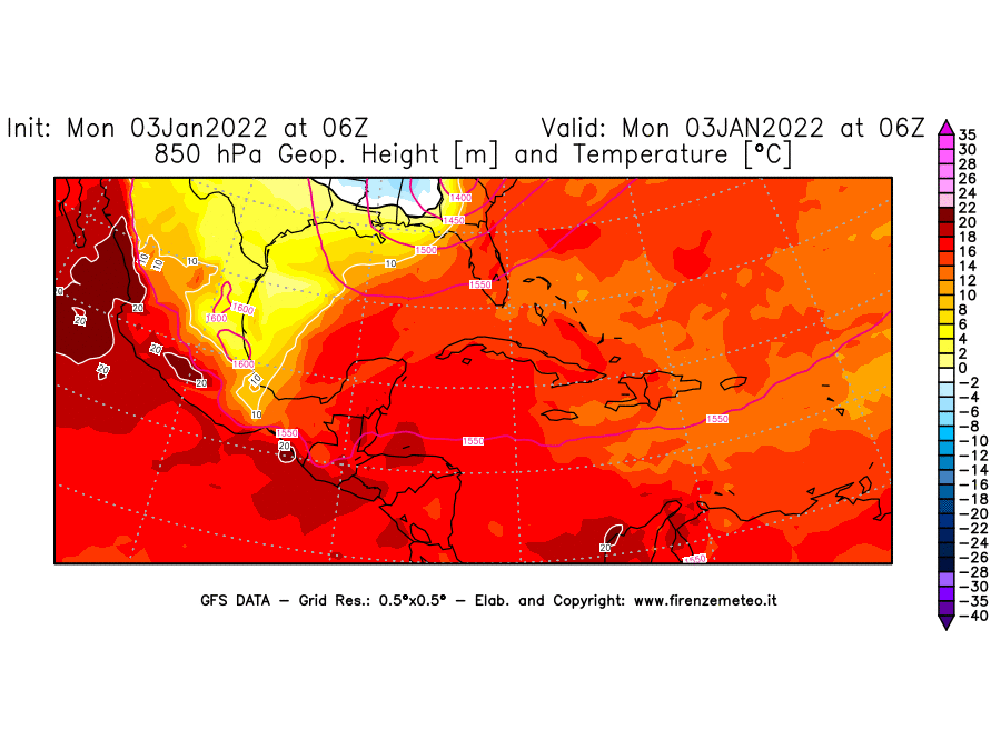 Mappa di analisi GFS - Geopotenziale [m] e Temperatura [°C] a 850 hPa in Centro-America
							del 03/01/2022 06 <!--googleoff: index-->UTC<!--googleon: index-->