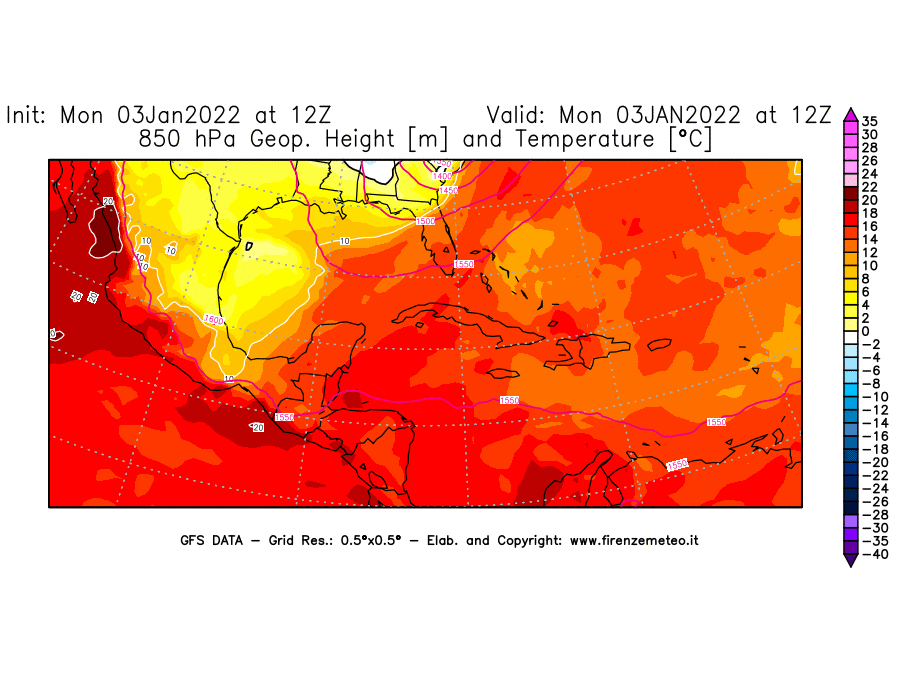 Mappa di analisi GFS - Geopotenziale [m] e Temperatura [°C] a 850 hPa in Centro-America
							del 03/01/2022 12 <!--googleoff: index-->UTC<!--googleon: index-->