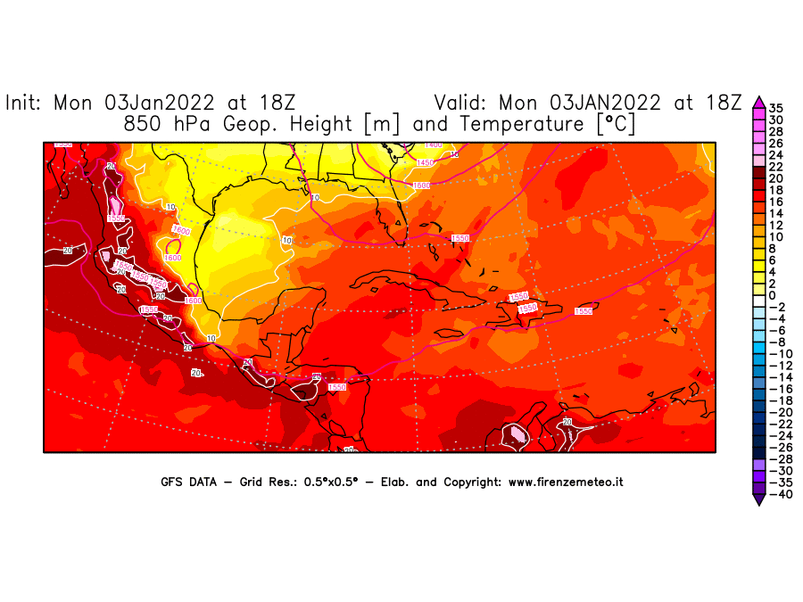 Mappa di analisi GFS - Geopotenziale [m] e Temperatura [°C] a 850 hPa in Centro-America
							del 03/01/2022 18 <!--googleoff: index-->UTC<!--googleon: index-->