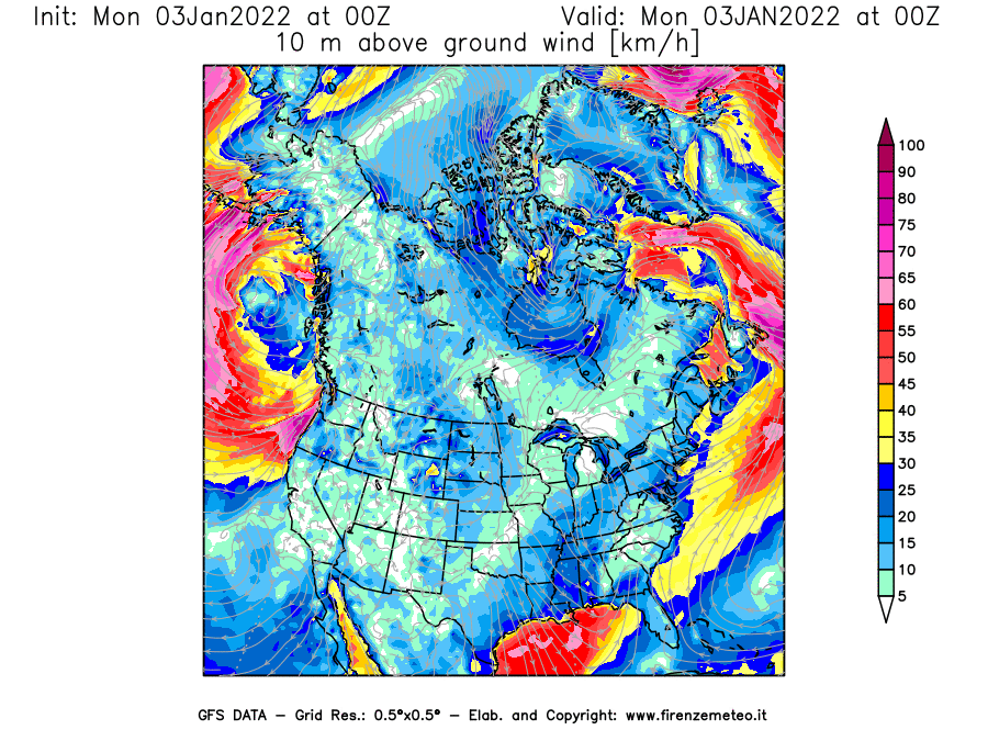 Mappa di analisi GFS - Velocità del vento a 10 metri dal suolo [km/h] in Nord-America
							del 03/01/2022 00 <!--googleoff: index-->UTC<!--googleon: index-->