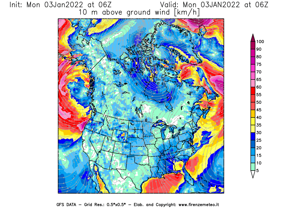 Mappa di analisi GFS - Velocità del vento a 10 metri dal suolo [km/h] in Nord-America
							del 03/01/2022 06 <!--googleoff: index-->UTC<!--googleon: index-->