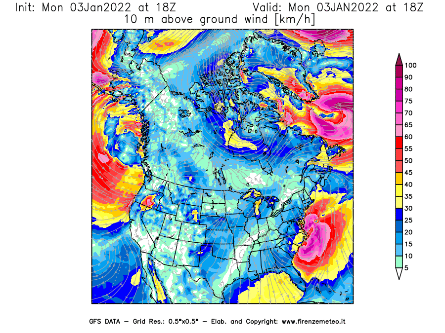 Mappa di analisi GFS - Velocità del vento a 10 metri dal suolo [km/h] in Nord-America
							del 03/01/2022 18 <!--googleoff: index-->UTC<!--googleon: index-->