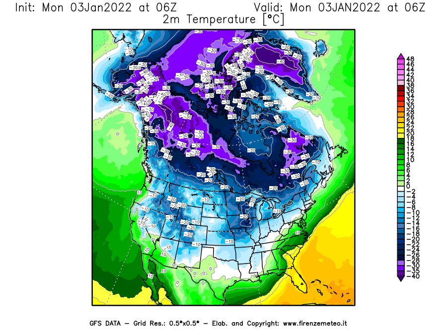 Mappa di analisi GFS - Temperatura a 2 metri dal suolo [°C] in Nord-America
							del 03/01/2022 06 <!--googleoff: index-->UTC<!--googleon: index-->