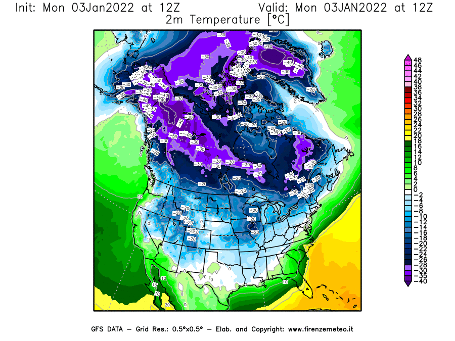 Mappa di analisi GFS - Temperatura a 2 metri dal suolo [°C] in Nord-America
							del 03/01/2022 12 <!--googleoff: index-->UTC<!--googleon: index-->