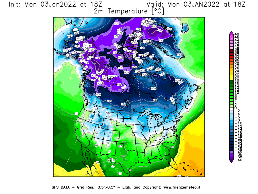 Mappa di analisi GFS - Temperatura a 2 metri dal suolo [°C] in Nord-America
							del 03/01/2022 18 <!--googleoff: index-->UTC<!--googleon: index-->