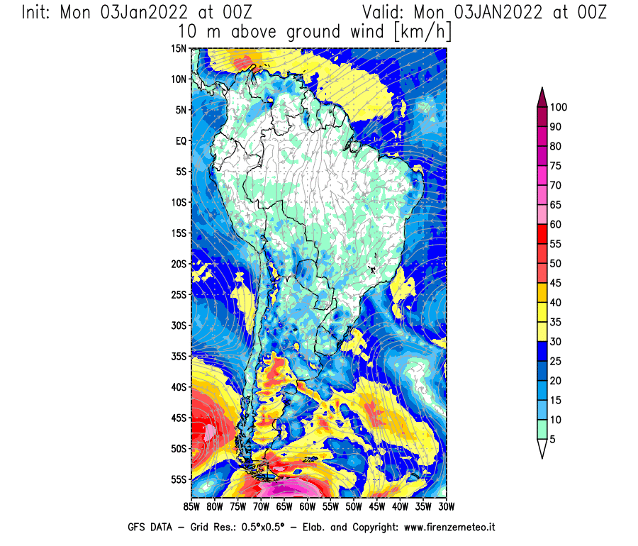 Mappa di analisi GFS - Velocità del vento a 10 metri dal suolo [km/h] in Sud-America
							del 03/01/2022 00 <!--googleoff: index-->UTC<!--googleon: index-->