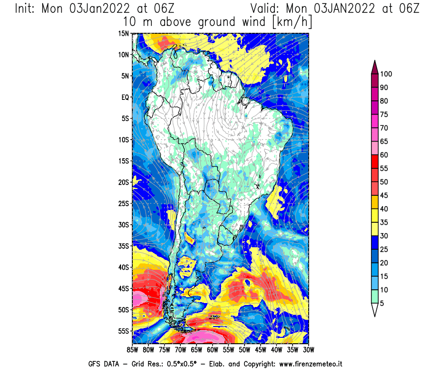 Mappa di analisi GFS - Velocità del vento a 10 metri dal suolo [km/h] in Sud-America
							del 03/01/2022 06 <!--googleoff: index-->UTC<!--googleon: index-->