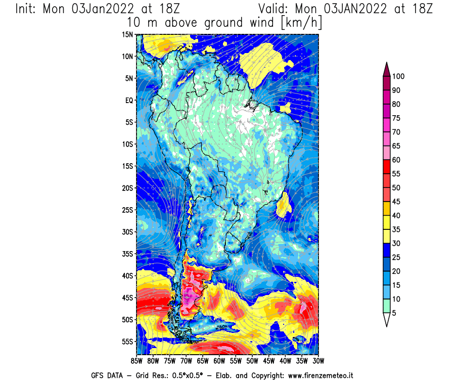 Mappa di analisi GFS - Velocità del vento a 10 metri dal suolo [km/h] in Sud-America
							del 03/01/2022 18 <!--googleoff: index-->UTC<!--googleon: index-->