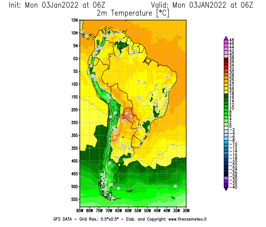 Mappa di analisi GFS - Temperatura a 2 metri dal suolo [°C] in Sud-America
							del 03/01/2022 06 <!--googleoff: index-->UTC<!--googleon: index-->