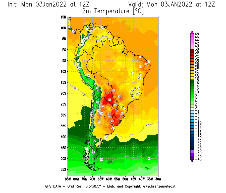 Mappa di analisi GFS - Temperatura a 2 metri dal suolo [°C] in Sud-America
							del 03/01/2022 12 <!--googleoff: index-->UTC<!--googleon: index-->