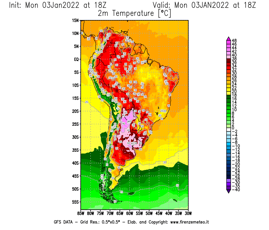Mappa di analisi GFS - Temperatura a 2 metri dal suolo [°C] in Sud-America
							del 03/01/2022 18 <!--googleoff: index-->UTC<!--googleon: index-->