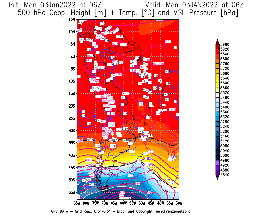 Mappa di analisi GFS - Geopotenziale [m] + Temp. [°C] a 500 hPa + Press. a livello del mare [hPa] in Sud-America
							del 03/01/2022 06 <!--googleoff: index-->UTC<!--googleon: index-->