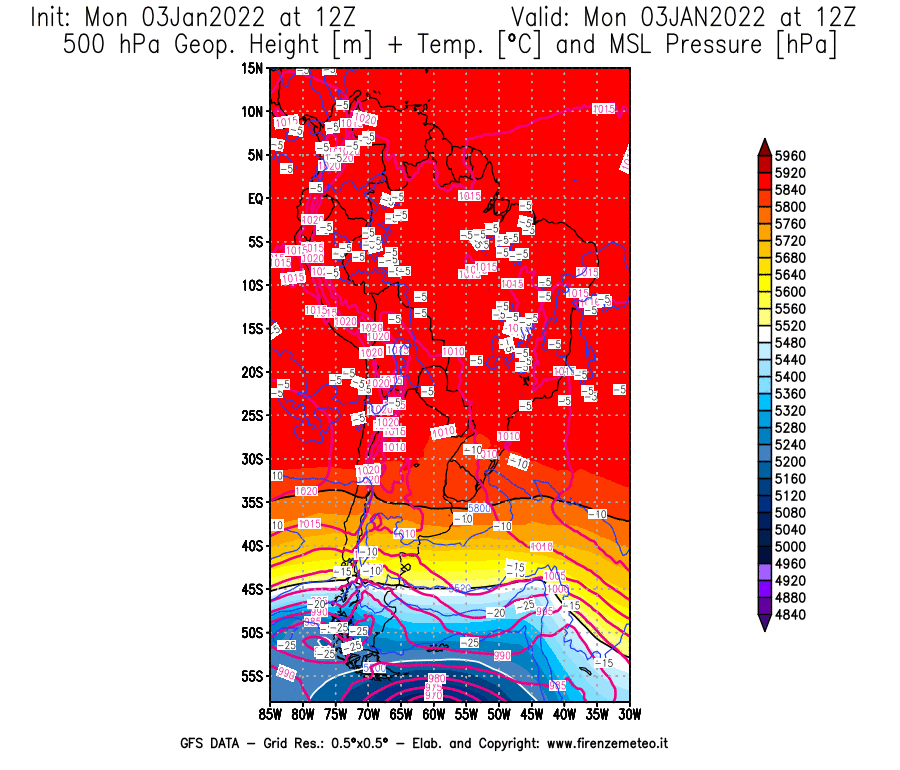 Mappa di analisi GFS - Geopotenziale [m] + Temp. [°C] a 500 hPa + Press. a livello del mare [hPa] in Sud-America
							del 03/01/2022 12 <!--googleoff: index-->UTC<!--googleon: index-->