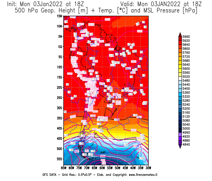 Mappa di analisi GFS - Geopotenziale [m] + Temp. [°C] a 500 hPa + Press. a livello del mare [hPa] in Sud-America
							del 03/01/2022 18 <!--googleoff: index-->UTC<!--googleon: index-->
