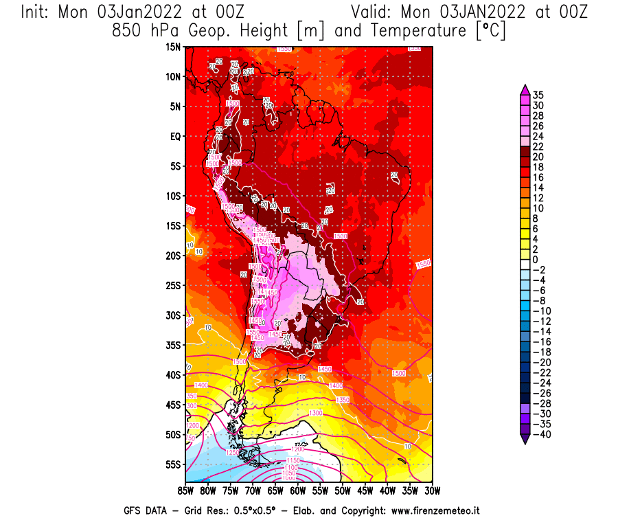 Mappa di analisi GFS - Geopotenziale [m] e Temperatura [°C] a 850 hPa in Sud-America
							del 03/01/2022 00 <!--googleoff: index-->UTC<!--googleon: index-->