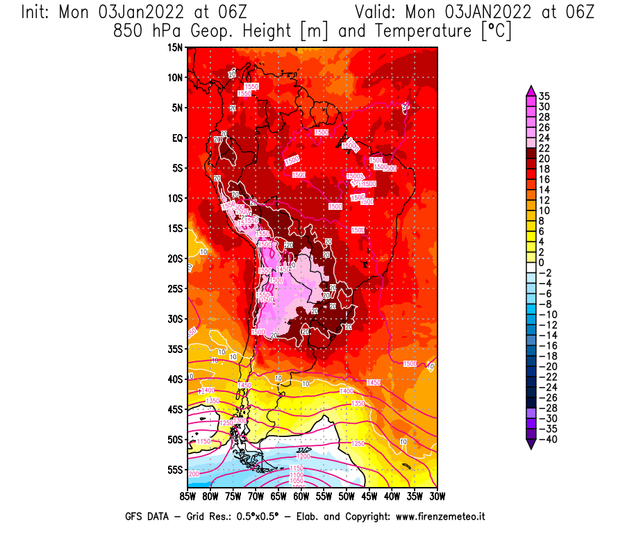 Mappa di analisi GFS - Geopotenziale [m] e Temperatura [°C] a 850 hPa in Sud-America
							del 03/01/2022 06 <!--googleoff: index-->UTC<!--googleon: index-->