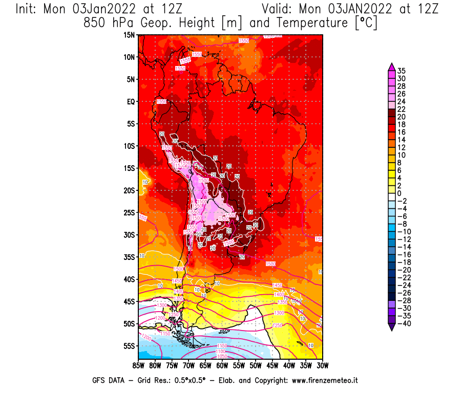 Mappa di analisi GFS - Geopotenziale [m] e Temperatura [°C] a 850 hPa in Sud-America
							del 03/01/2022 12 <!--googleoff: index-->UTC<!--googleon: index-->