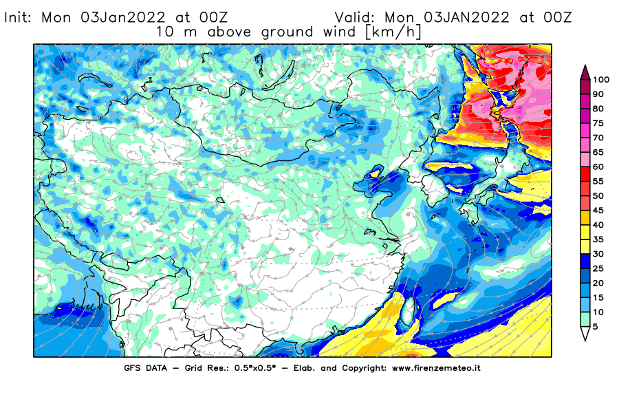 Mappa di analisi GFS - Velocità del vento a 10 metri dal suolo [km/h] in Asia Orientale
							del 03/01/2022 00 <!--googleoff: index-->UTC<!--googleon: index-->