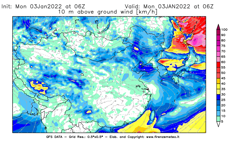 Mappa di analisi GFS - Velocità del vento a 10 metri dal suolo [km/h] in Asia Orientale
							del 03/01/2022 06 <!--googleoff: index-->UTC<!--googleon: index-->