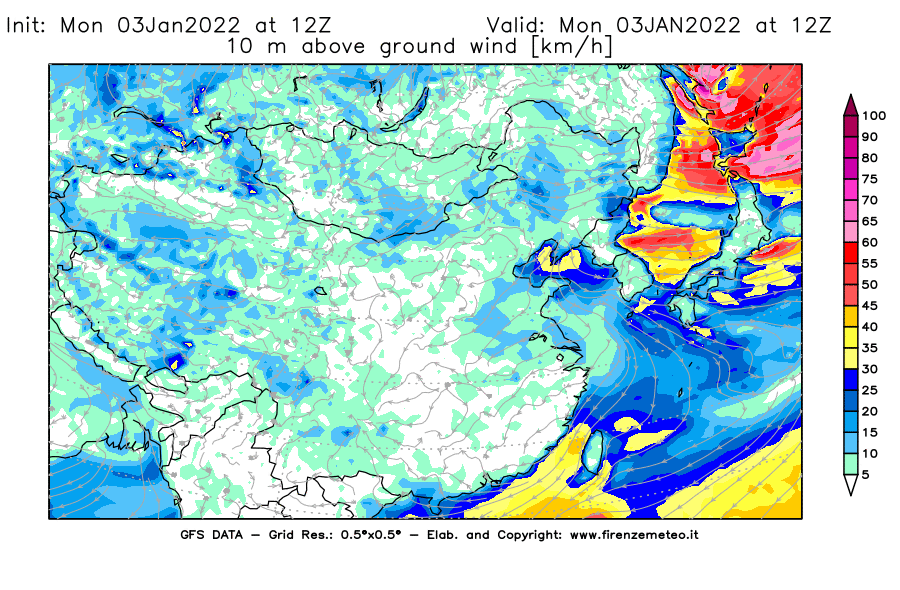 Mappa di analisi GFS - Velocità del vento a 10 metri dal suolo [km/h] in Asia Orientale
							del 03/01/2022 12 <!--googleoff: index-->UTC<!--googleon: index-->