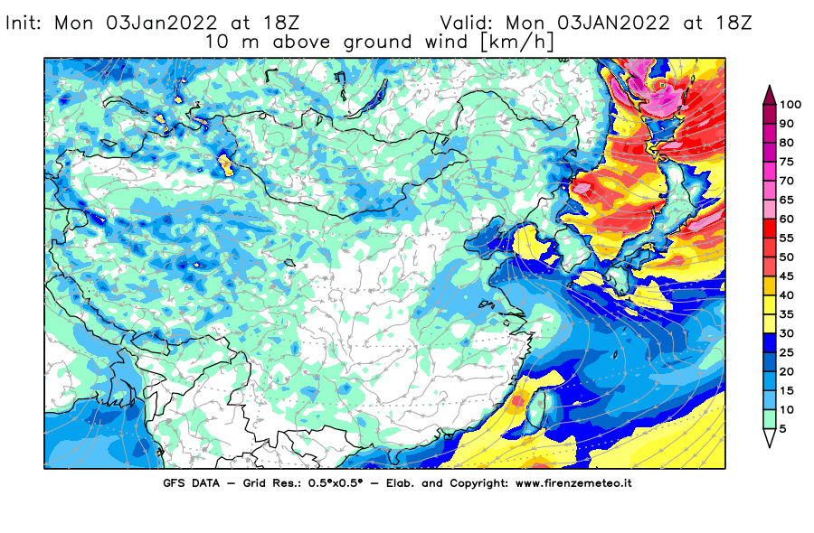 Mappa di analisi GFS - Velocità del vento a 10 metri dal suolo [km/h] in Asia Orientale
							del 03/01/2022 18 <!--googleoff: index-->UTC<!--googleon: index-->