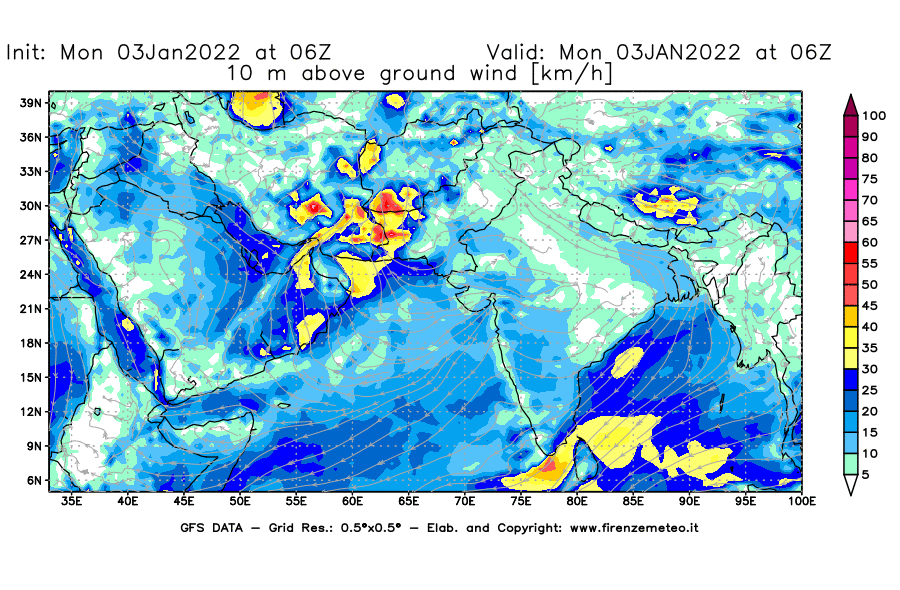 Mappa di analisi GFS - Velocità del vento a 10 metri dal suolo [km/h] in Asia Sud-Occidentale
							del 03/01/2022 06 <!--googleoff: index-->UTC<!--googleon: index-->