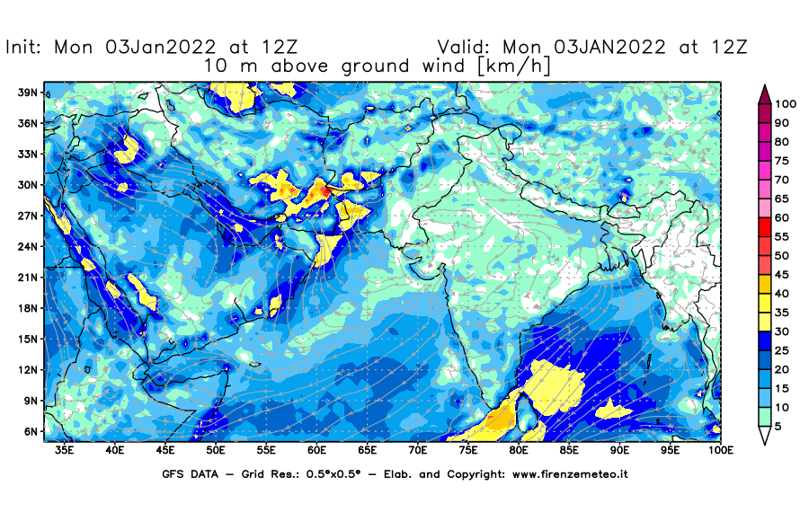 Mappa di analisi GFS - Velocità del vento a 10 metri dal suolo [km/h] in Asia Sud-Occidentale
							del 03/01/2022 12 <!--googleoff: index-->UTC<!--googleon: index-->