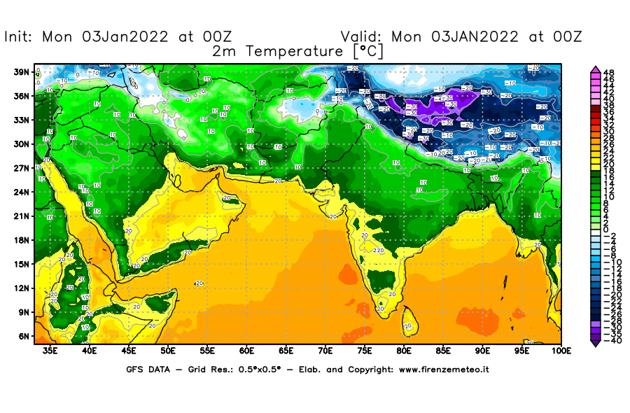 Mappa di analisi GFS - Temperatura a 2 metri dal suolo [°C] in Asia Sud-Occidentale
							del 03/01/2022 00 <!--googleoff: index-->UTC<!--googleon: index-->
