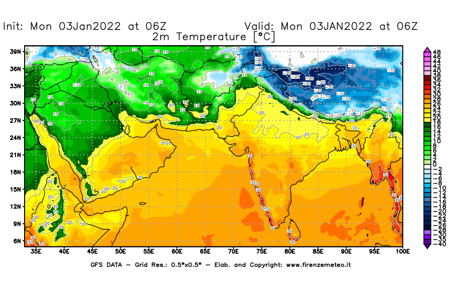 Mappa di analisi GFS - Temperatura a 2 metri dal suolo [°C] in Asia Sud-Occidentale
							del 03/01/2022 06 <!--googleoff: index-->UTC<!--googleon: index-->