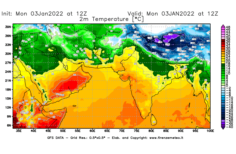 Mappa di analisi GFS - Temperatura a 2 metri dal suolo [°C] in Asia Sud-Occidentale
							del 03/01/2022 12 <!--googleoff: index-->UTC<!--googleon: index-->