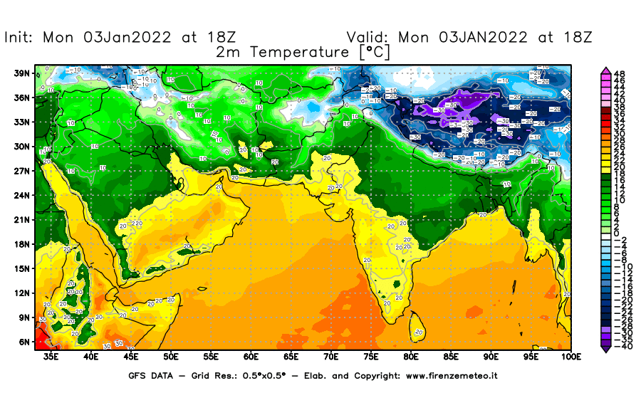 Mappa di analisi GFS - Temperatura a 2 metri dal suolo [°C] in Asia Sud-Occidentale
							del 03/01/2022 18 <!--googleoff: index-->UTC<!--googleon: index-->