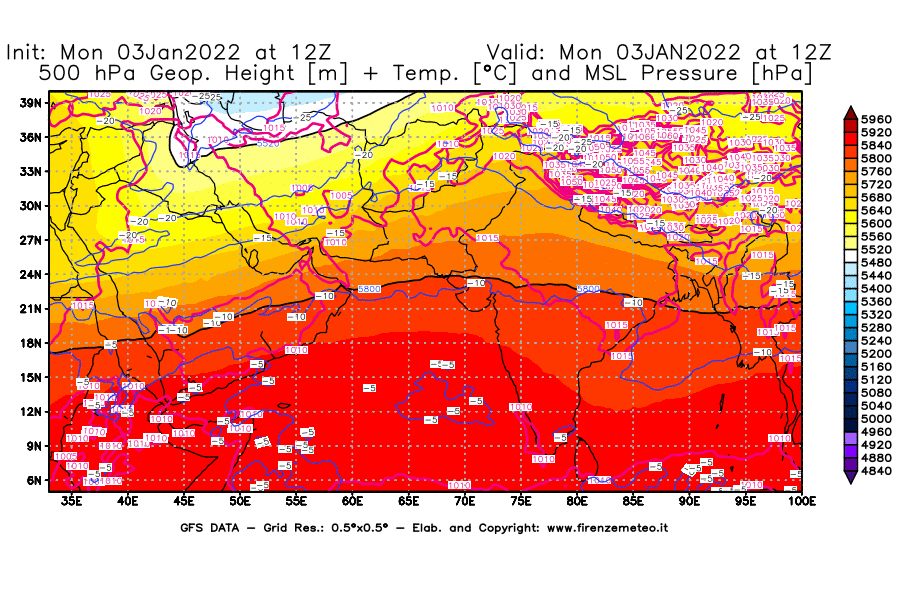 Mappa di analisi GFS - Geopotenziale [m] + Temp. [°C] a 500 hPa + Press. a livello del mare [hPa] in Asia Sud-Occidentale
							del 03/01/2022 12 <!--googleoff: index-->UTC<!--googleon: index-->