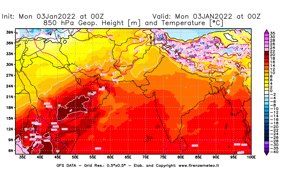 Mappa di analisi GFS - Geopotenziale [m] e Temperatura [°C] a 850 hPa in Asia Sud-Occidentale
							del 03/01/2022 00 <!--googleoff: index-->UTC<!--googleon: index-->