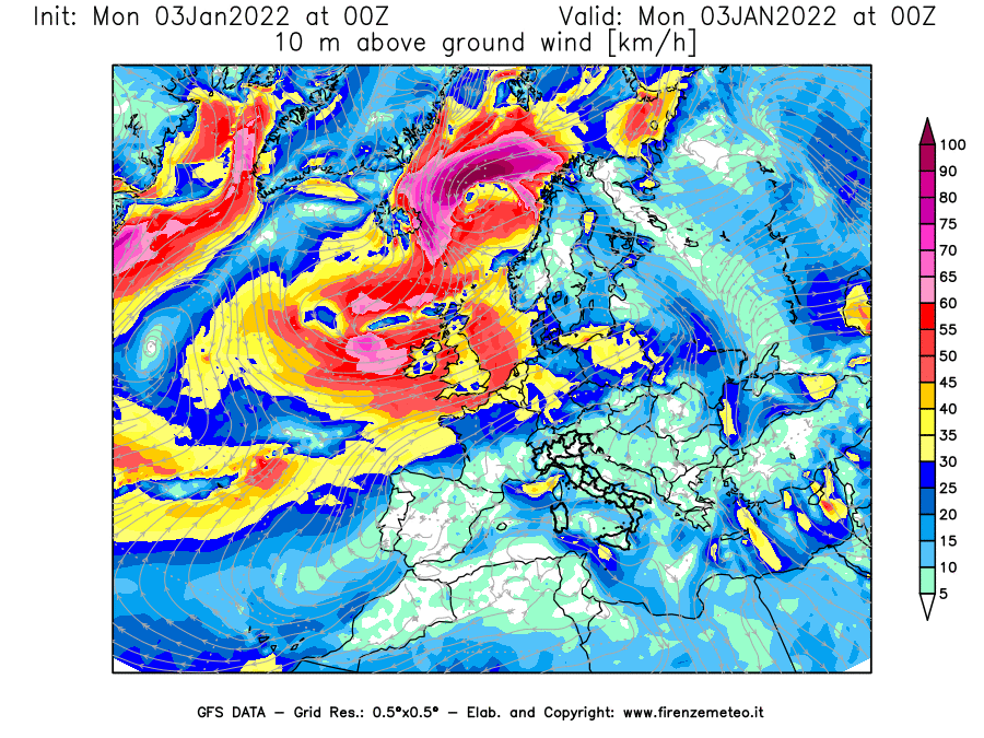 Mappa di analisi GFS - Velocità del vento a 10 metri dal suolo [km/h] in Europa
							del 03/01/2022 00 <!--googleoff: index-->UTC<!--googleon: index-->