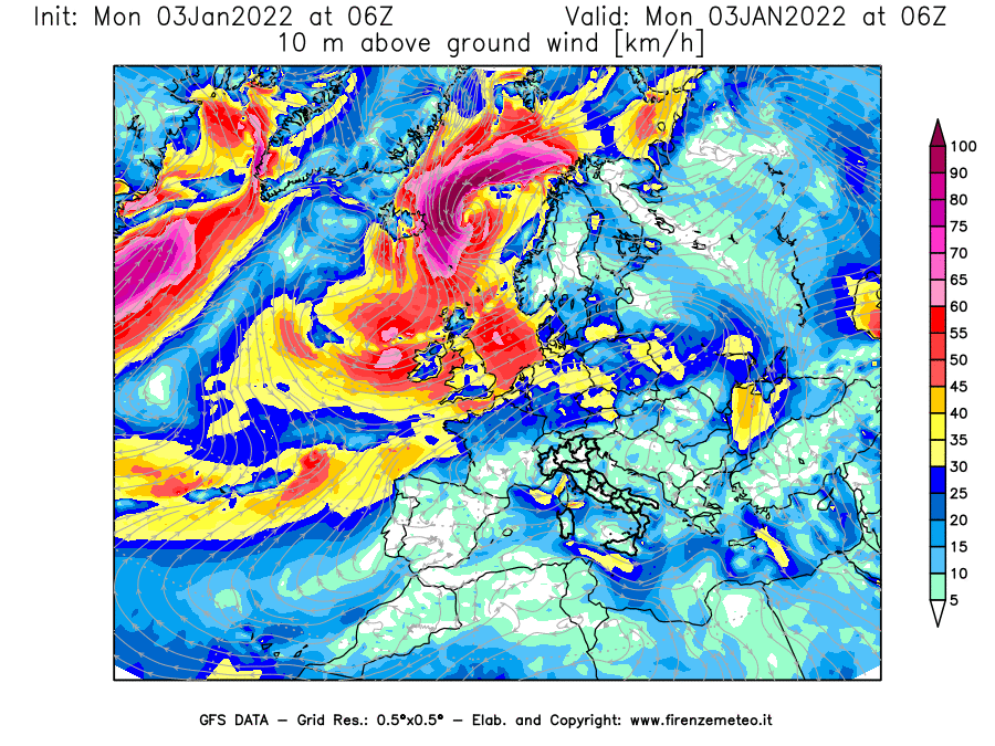 Mappa di analisi GFS - Velocità del vento a 10 metri dal suolo [km/h] in Europa
							del 03/01/2022 06 <!--googleoff: index-->UTC<!--googleon: index-->