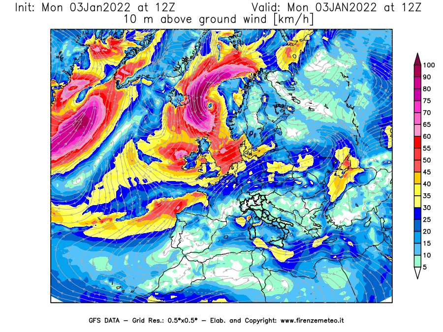 Mappa di analisi GFS - Velocità del vento a 10 metri dal suolo [km/h] in Europa
							del 03/01/2022 12 <!--googleoff: index-->UTC<!--googleon: index-->